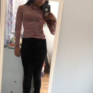 Red striped turtle neck cold shoulder top